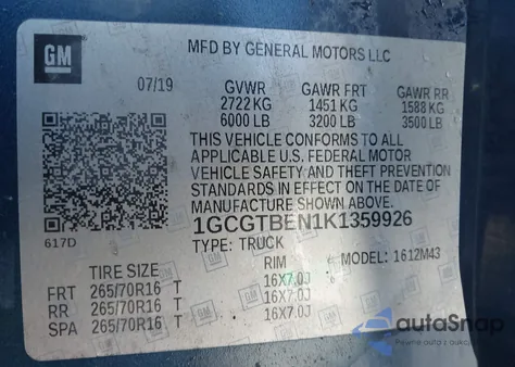 2019 Chevrolet Colorado Wt из США, поврежденный, VIN 1GCGTBEN1K1359926